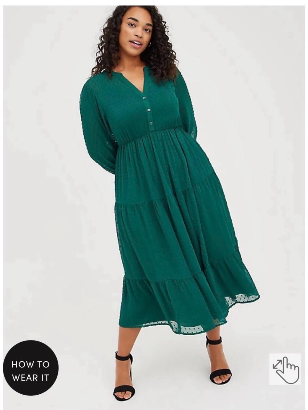 torrid Tea Length Clip Dot Emerald Chiffon Dress Pockets and Tiers